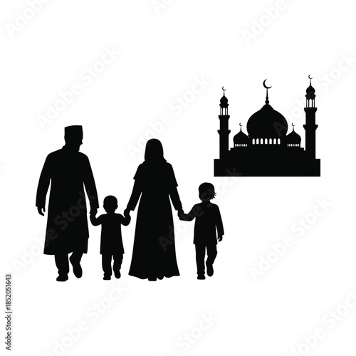 Silhouette of a muslim family walking towards a mosque at sunset
