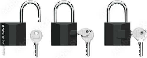 Padlock and key set showing open and closed security states, safety protection and access control concept vector illustration