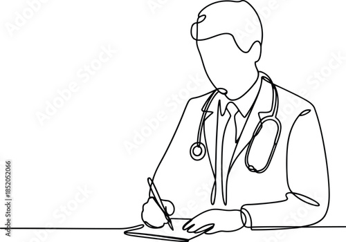 Abstract vector of a diligent medical professional in a lab coat, meticulously writing notes, embodying healthcare dedication and expert care