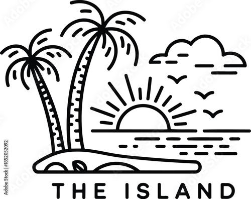 Vector of a pristine tropical island featuring palm trees, sun setting over ocean, and birds, perfect for nature or travel branding