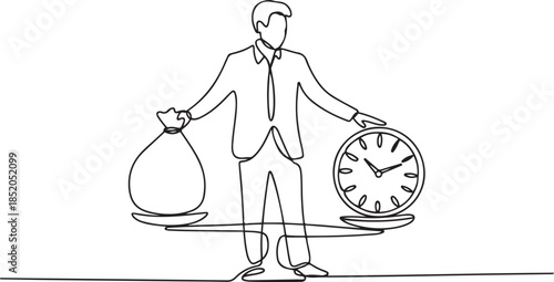 Single continuous line drawing young business man weight money bag and analog clock with scale.one line  vector illustration  with out background