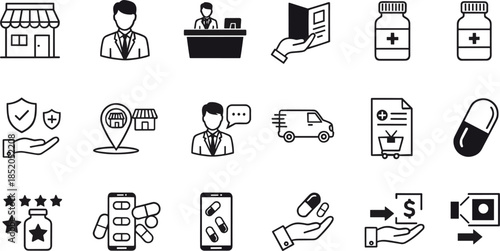 Pharmacy and healthcare service icons set with medicine delivery consultation payment and insurance symbols, modern medical outline vector illustration