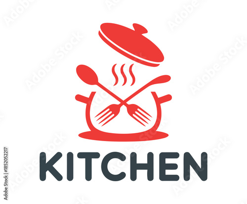 A bold vector of a kitchen logo, showing a red cooking pot, steam, lid, crossed fork, and spoon, ideal for food and culinary brand