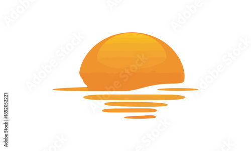 A vibrant vector of a stylized sun, featuring warm orange and yellow gradients, reflecting on water. This graphic design captures peaceful sunrise or sunset