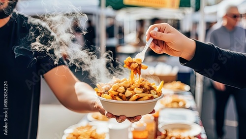 Street Vendor Poutine in a Lively Market with Candid, Authentic Feel