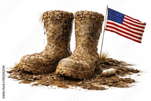 Dirty work boots stand proudly next to American flag, a symbol of hard labor.