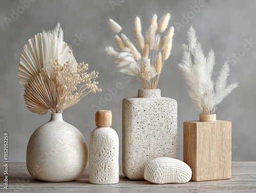 Minimalist decor featuring dried floral arrangements in textured, neutral-toned vases.