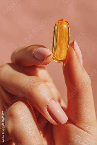 Close up of female hand holding yellow capsule