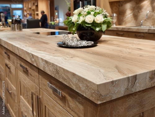 Close-up of a wooden kitchen island with decor and white roses on the surface.