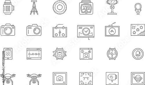 Photography and video production outline icons set with camera tripod lighting drone and editing tools, minimal media vector illustration