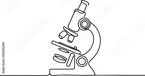 Single continuous line art science research microscope. Biology micro technology medicine business design.one line  vector illustration  with out background