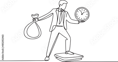 Single continuous line drawing young business man weight money bag and analog clock with scale.one line  vector illustration  with out background