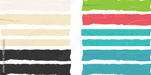 Torn paper strips in various vibrant colors arranged in a grid pattern