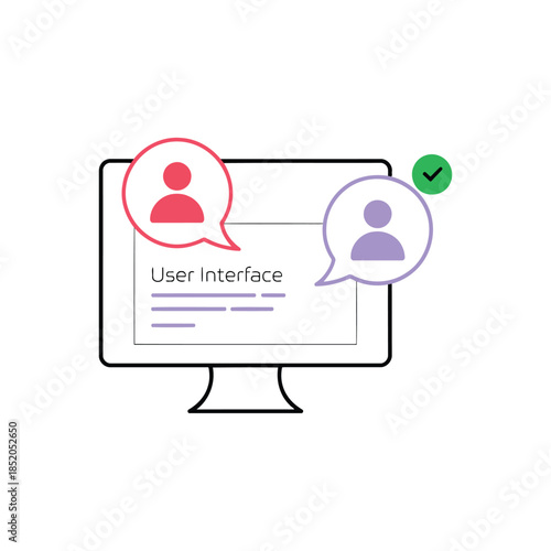 Clean vector of seamless user interface experience, demonstrating digital dialogue and interaction through speech bubbles on a desktop monitor graphic