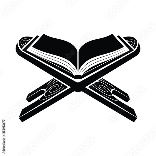 Black and white illustration of an open book on a lectern, minimal islamic silhouette
