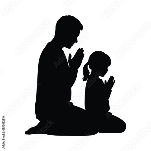 Silhouette of a man and a girl praying together in a serene moment, minimal islamic silhouette