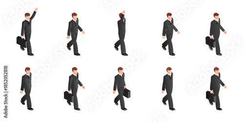 Isometric illustration of a businessman walking in different poses and angles