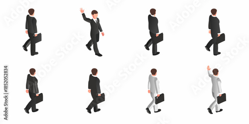 Isometric businessmen walking with briefcases in various poses and attire