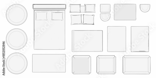 Overhead view showcasing various furniture items in a minimalist line art style