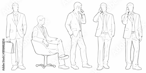 Line art illustrations of businessmen in suits talking on mobile phones