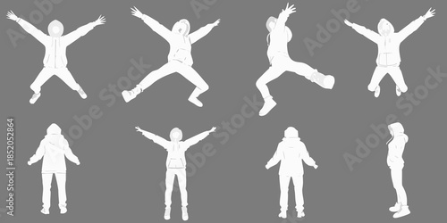 Silhouettes of jumping and walking figures on a gray background