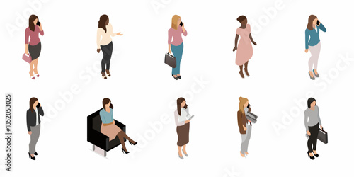 Isometric illustration of diverse women using mobile phones and working