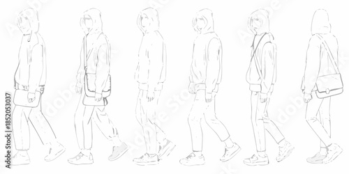 Fashion design sketches a series of female figures in casual attire