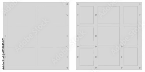 Two light gray panel doors one with a simple design and one with a grid
