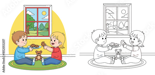 Cute cartoon children sharing chocolate chip cookies on the floor. Happy kids eating snack indoors with teddy bear and window view vector illustration for lifestyle design.