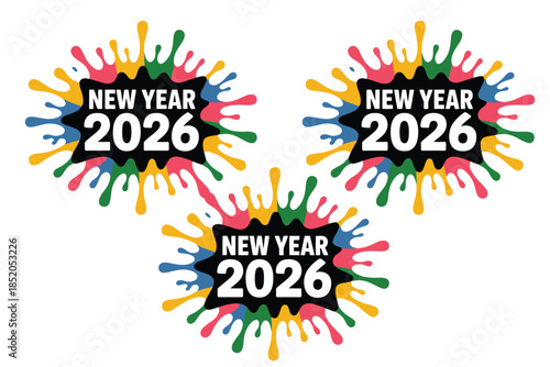 Three colorful explosions with "New Year 2026" text appear on a white background.