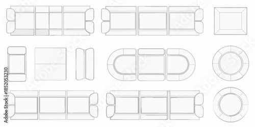 Furniture arrangement top views sofas chairs and tables in simple outlines