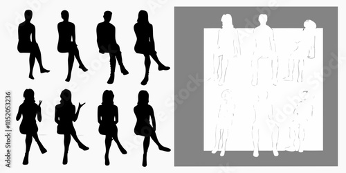 Silhouettes of fashionable women in various poses dark and light contrast