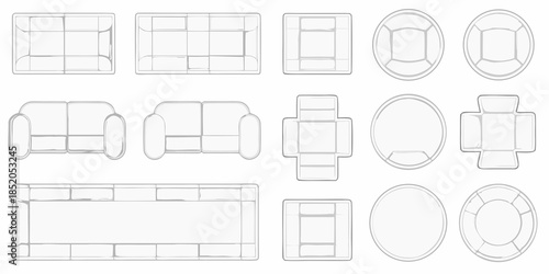 Architectural floor plans a collection of furniture arrangements in outline view