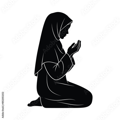 Black silhouette of a woman in prayer on in a kneeling position, minimal islamic silhouette