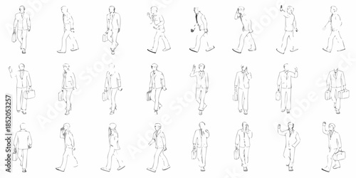Collection of outlined figures depicting people in business attire walking