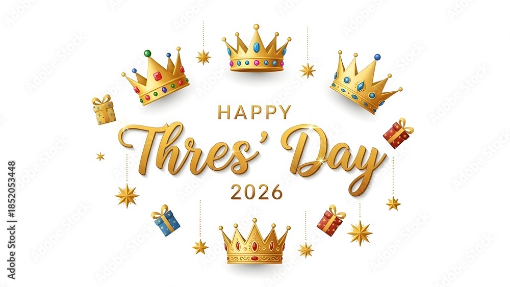 Fototapeta premium Happy three day 2024 celebration with golden crowns and stars
