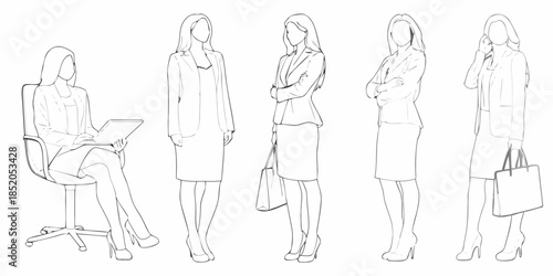 Line art illustration of five professional women in business attire