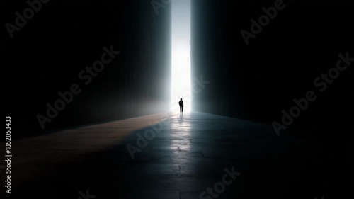 Person walking into strong light from darkness minimal scene representing hope transformation decision and unknown future