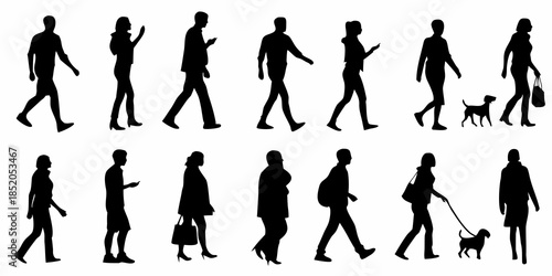 Diverse group of people and pets in silhouette walking and commuting