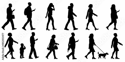 Silhouettes of people walking in various poses and everyday activities