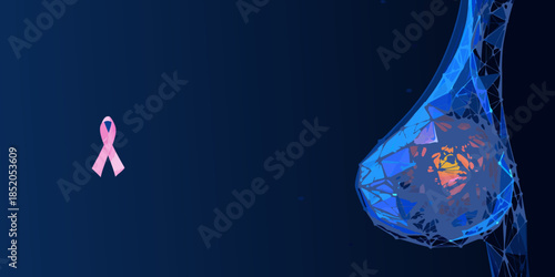 A digital illustration featuring a pink ribbon and a fractured glowing droplet