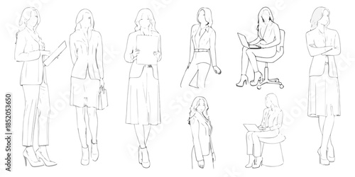 Fashion design sketches of women in professional attire various poses displayed