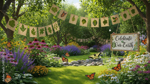 Vibrant garden scene with colorful flowers, butterflies, and a banner celebrating earth day in a lush green environment with trees and a sunny pathway