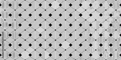 Intricate geometric diamond lattice pattern in grayscale with a textured appearance