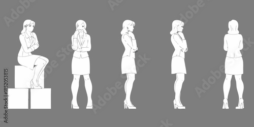 Five women in similar outfits depicted in a linear stylized illustration