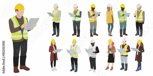 Diverse group of construction workers reviewing plans and documentation