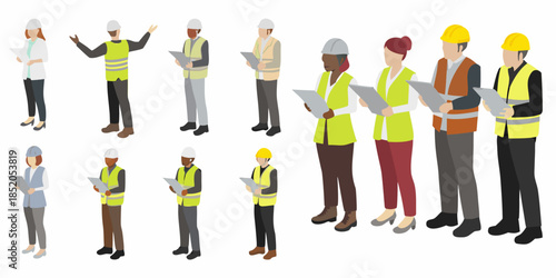 Diverse construction workers in safety gear reviewing plans and collaborating on site