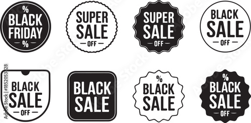 Black Friday and Super Sale badge icon set designed for discounts, promotions and marketing offers