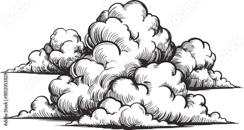 Black and white hand drawn cumulus clouds in monochrome line style