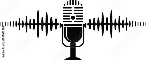 Black microphone with sound wave graphic on white background audio broadcast